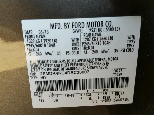 2FMDK4KC4DBC38007 - 2013 FORD EDGE LIMIT BROWN photo 10