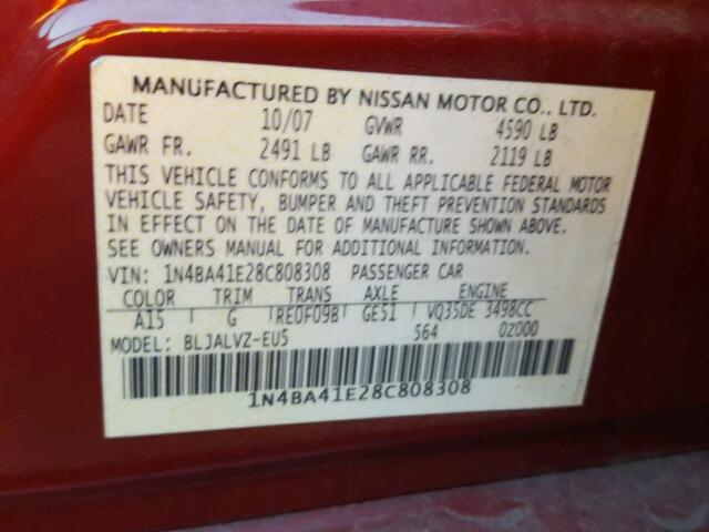 1N4BA41E28C808308 - 2008 NISSAN MAXIMA SE MAROON photo 10