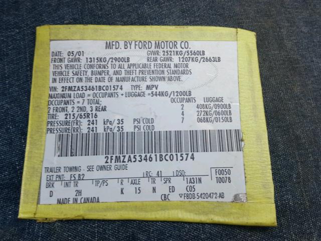 2FMZA53461BC01574 - 2001 FORD WINDSTAR S GOLD photo 10