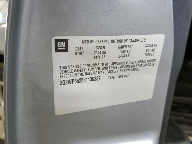 2G2WP552581130387 - 2008 PONTIAC GRAND PRIX GRAY photo 10