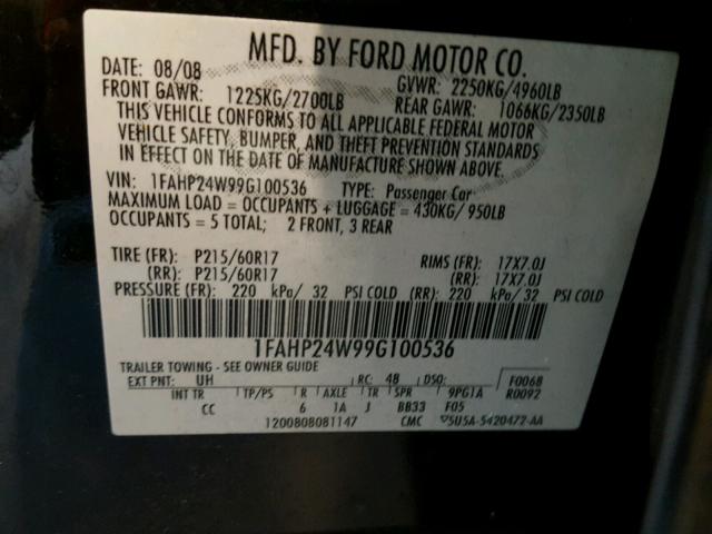 1FAHP24W99G100536 - 2009 FORD TAURUS SEL BLACK photo 10