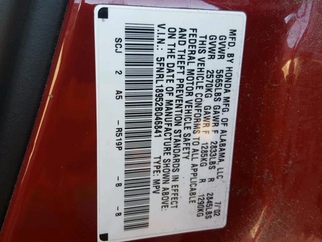 5FNRL18952B046841 - 2002 HONDA ODYSSEY EX MAROON photo 10