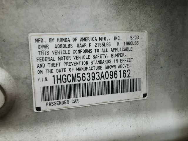 1HGCM56393A096162 - 2003 HONDA ACCORD LX WHITE photo 10