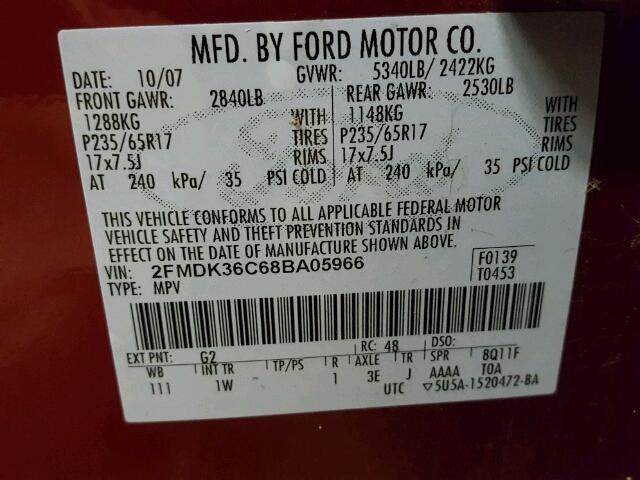 2FMDK36C68BA05966 - 2008 FORD EDGE SE RED photo 10