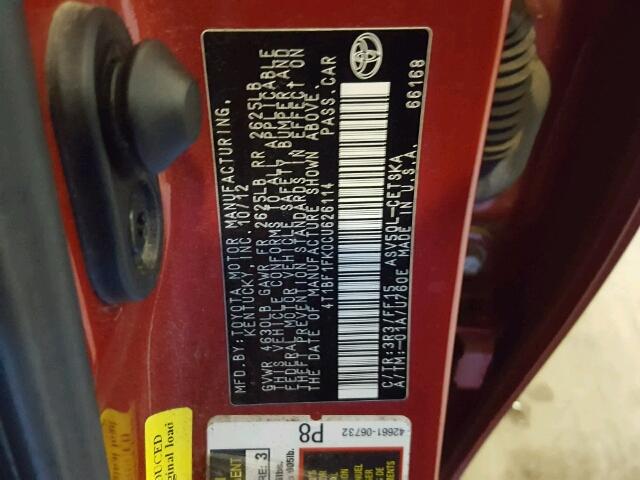 4T1BF1FK0CU626114 - 2012 TOYOTA CAMRY BASE RED photo 10