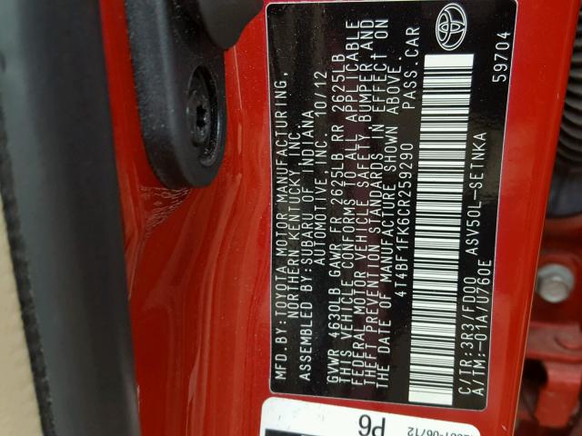 4T4BF1FK6CR259290 - 2012 TOYOTA CAMRY BASE RED photo 10