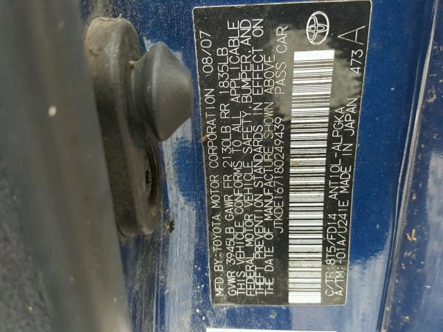 JTKDE167180249439 - 2008 TOYOTA SCION TC 蓝色 照片 10