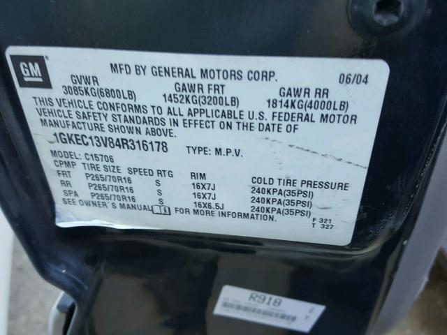 1GKEC13V84R316178 - 2004 GMC YUKON GRAY photo 10