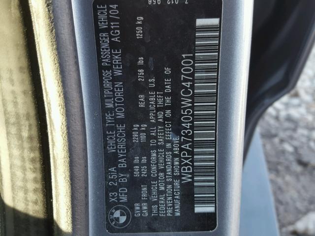 WBXPA73405WC47001 - 2005 BMW X3 2.5I SILVER photo 10