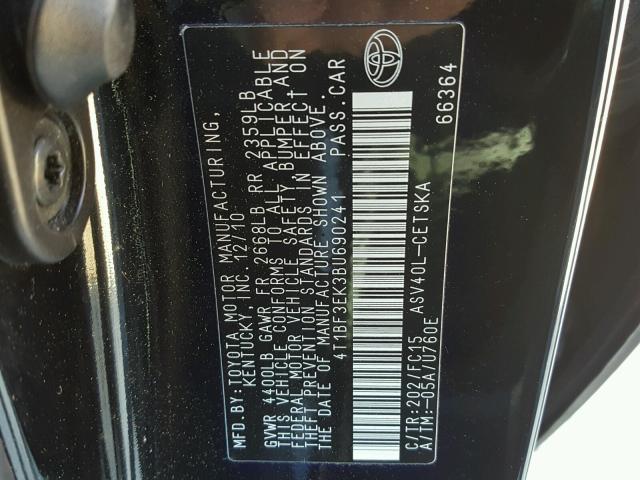4T1BF3EK3BU690241 - 2011 TOYOTA CAMRY BASE BLACK photo 10