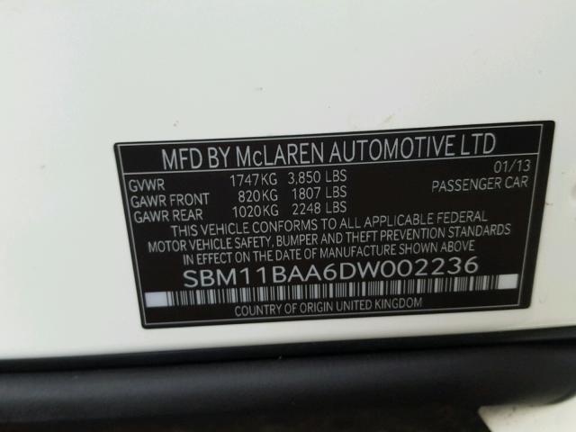 SBM11BAA6DW002236 - 2013 MCLAREN AUTOMOTIVE MP4-12C SP WHITE photo 10