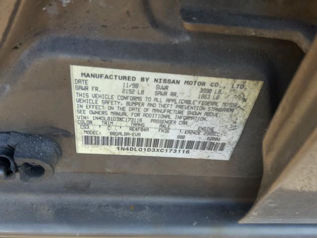 1N4DL01D3XC173116 - 1999 NISSAN ALTIMA XE GOLD photo 10