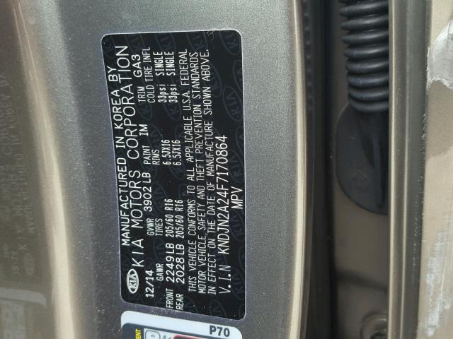 KNDJN2A24F7170864 - 2015 KIA SOUL GRAY photo 10