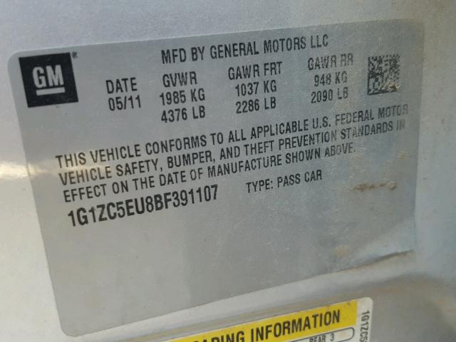 1G1ZC5EU8BF391107 - 2011 CHEVROLET MALIBU 1LT 银色 照片 10