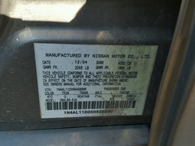 1N4AL11D05N458866 - 2005 NISSAN ALTIMA S GRAY photo 10