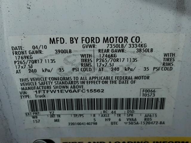 1FTFW1EV6AFC15562 - 2010 FORD F150 SUPER WHITE photo 10