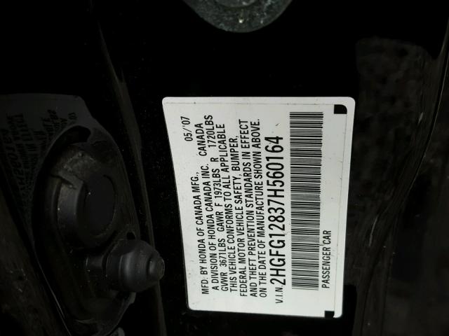 2HGFG12837H560164 - 2007 HONDA CIVIC EX BLACK photo 10