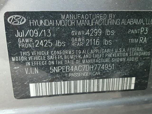 5NPEB4AC7DH774951 - 2013 HYUNDAI SONATA GLS SILVER photo 10