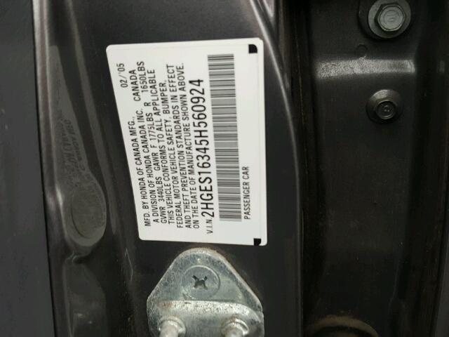 2HGES16345H560924 - 2005 HONDA CIVIC DX V GRAY photo 10