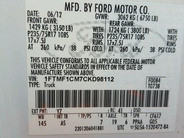 1FTMF1CM7CKD98112 - 2012 FORD F150 WHITE photo 10