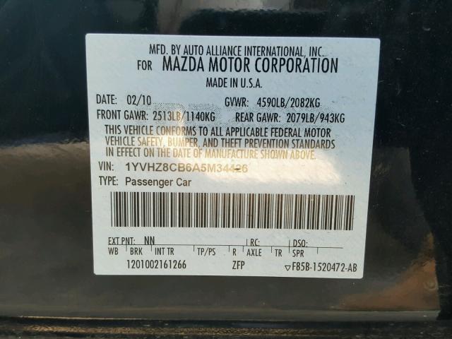 1YVHZ8CB6A5M34426 - 2010 MAZDA 6 S BLACK photo 10