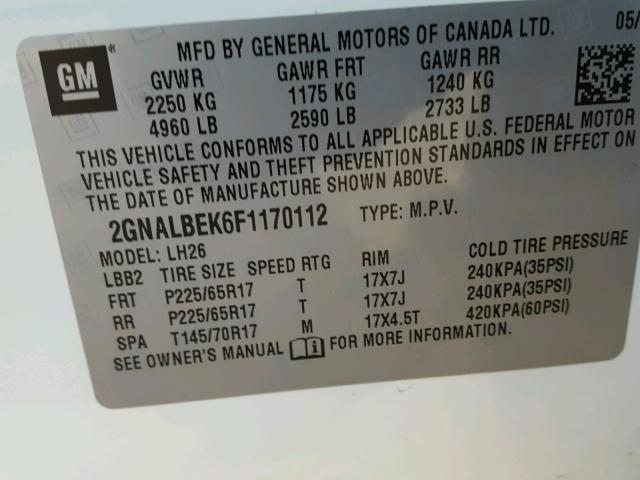 2GNALBEK6F1170112 - 2015 CHEVROLET EQUINOX LT WHITE photo 10