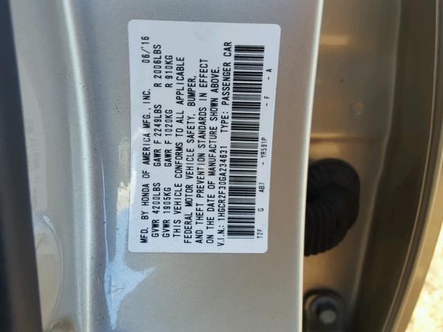 1HGCR2F30GA234631 - 2016 HONDA ACCORD LX GOLD photo 10