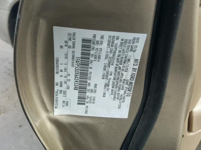 1FAFP53UX6A245348 - 2006 FORD TAURUS SE BEIGE photo 10