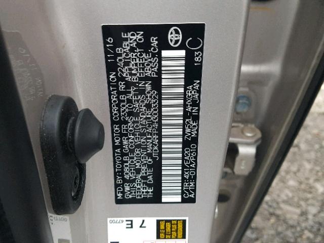 JTDKARFP4H3003329 - 2017 TOYOTA PRIUS PRIM ვერცხლისფერი ფოტო 10