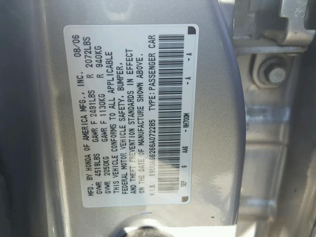 19UUA66266A072285 - 2006 ACURA 3.2TL SILVER photo 10