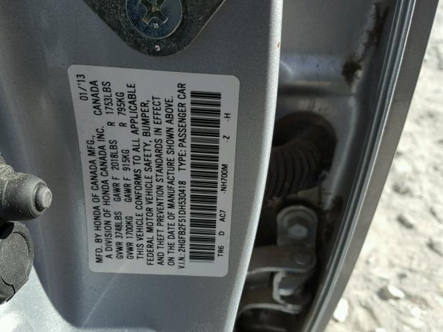 2HGFB2F51DH530418 - 2013 HONDA CIVIC LX SILVER photo 10