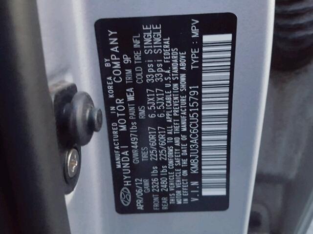 KM8JU3AC6CU515791 - 2012 HYUNDAI TUCSON GLS SILVER photo 10