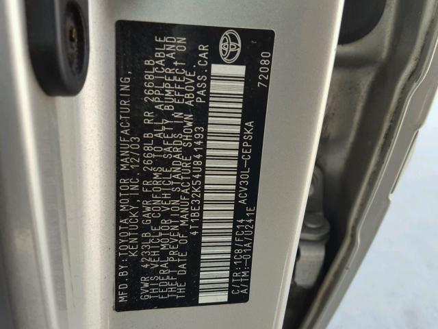 4T1BE32K54U841493 - 2004 TOYOTA CAMRY LE SILVER photo 10