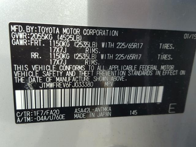 JTMWFREV6FJ033380 - 2015 TOYOTA RAV4 XLE SILVER photo 10