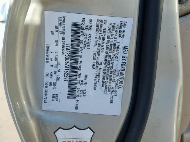 1FAFP53U67A162291 - 2007 FORD TAURUS SE SILVER photo 10