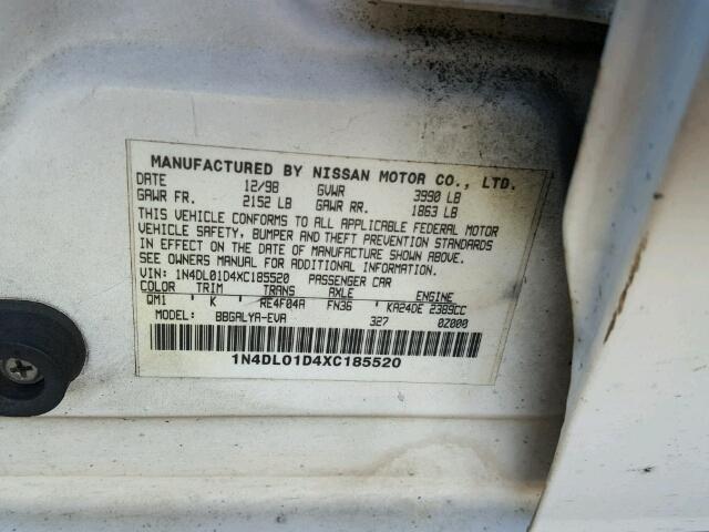 1N4DL01D4XC185520 - 1999 NISSAN ALTIMA XE WHITE photo 10