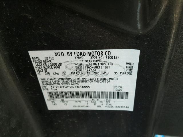 1FTFX1CF9CFB15600 - 2012 FORD F150 SUPER GRAY photo 10