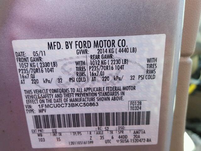 1FMCU0C73BKC50863 - 2011 FORD ESCAPE XLS SILVER photo 10