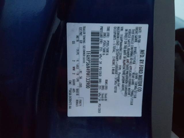 1FAHP36N49W133900 - 2009 FORD FOCUS SES BLUE photo 10