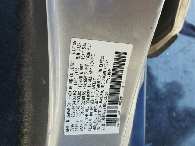 JHLRD78845C033266 - 2005 HONDA CR-V EX SILVER photo 10