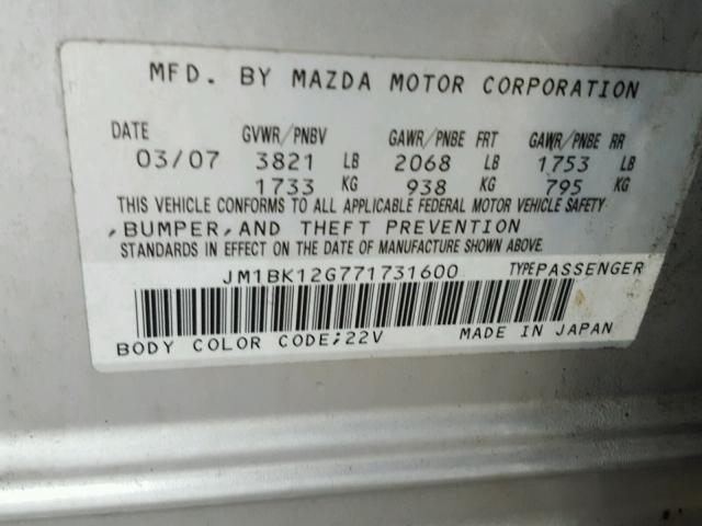 JM1BK12G771731600 - 2007 MAZDA 3 I SILVER photo 10