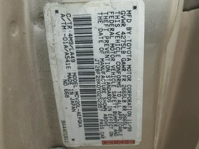 JT2BF28K0Y0252957 - 2000 TOYOTA CAMRY LE 金色 照片 10