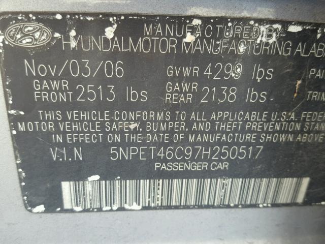 5NPET46C97H250517 - 2007 HYUNDAI SONATA GLS GRAY photo 10