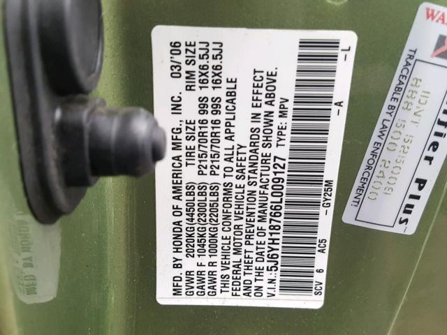 5J6YH18766L009127 - 2006 HONDA ELEMENT EX GREEN photo 10