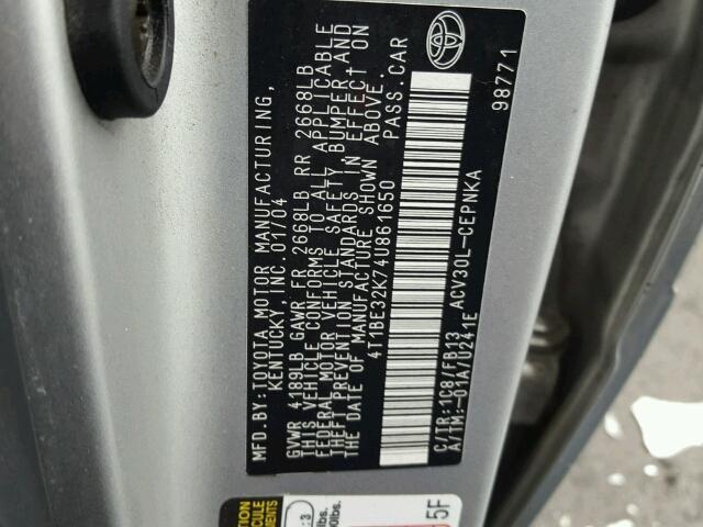 4T1BE32K74U861650 - 2004 TOYOTA CAMRY LE 银色 照片 10