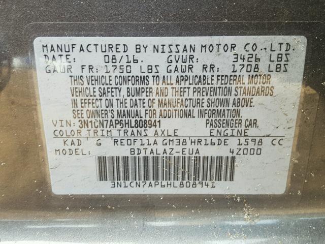 3N1CN7AP6HL808941 - 2017 NISSAN VERSA S GRAY photo 10