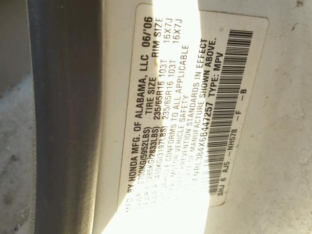 5FNRL384X6B447257 - 2006 HONDA ODYSSEY EX WHITE photo 10