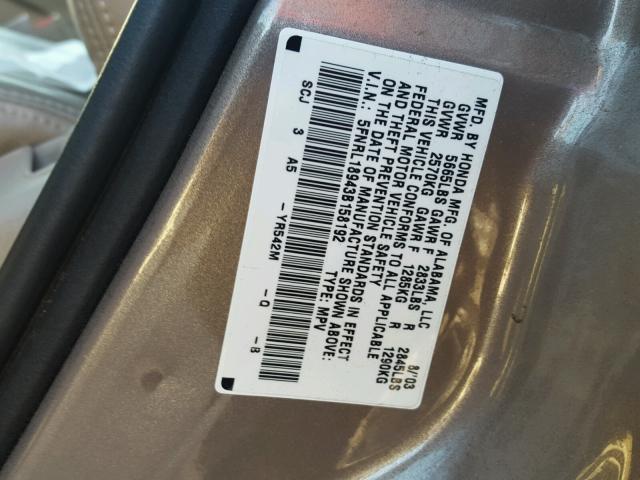 5FNRL18943B158192 - 2003 HONDA ODYSSEY EX GOLD photo 10