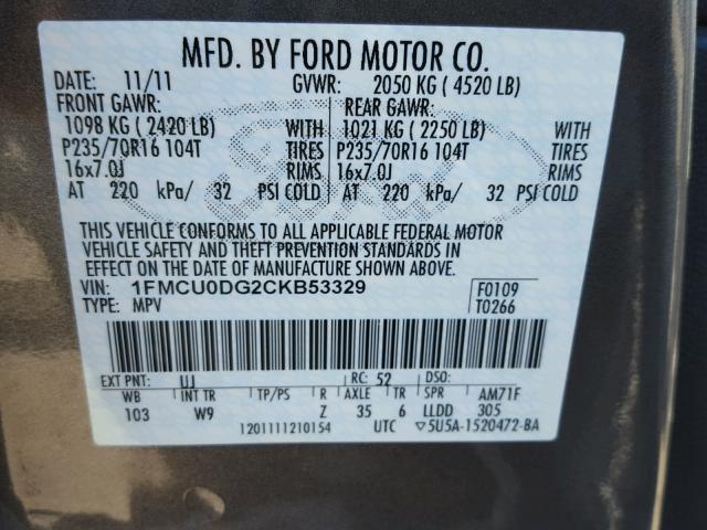 1FMCU0DG2CKB53329 - 2012 FORD ESCAPE XLT GRAY photo 10