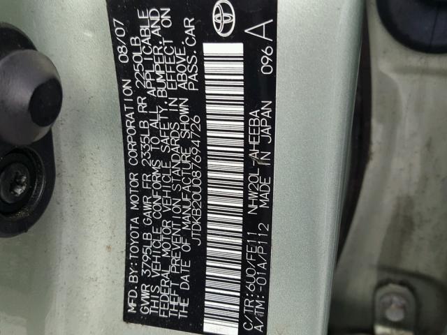 JTDKB20U087694726 - 2008 TOYOTA PRIUS Yaşıl foto 10